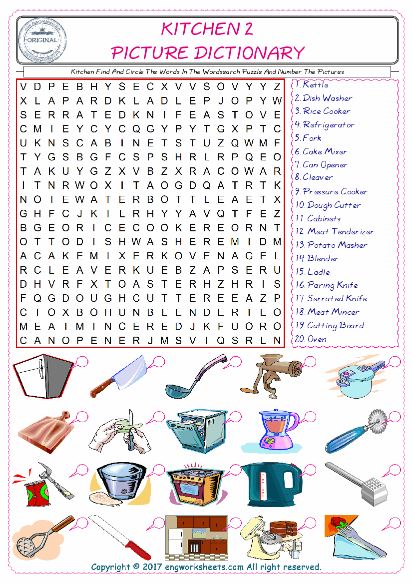  ESL wordsearch worksheets for kids, find Kitchen words in the word wordsearch write its number on its picture English worksheet. 